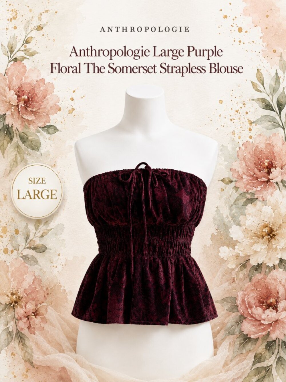 Anthropologie Somerset Strapless Blouse Purple Floral Smocked Peplum L